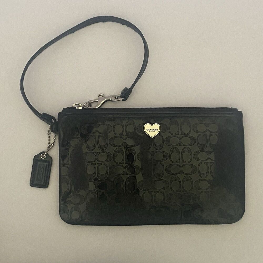 Coach Black Signature Patent Wristlet Zip Pouch Heart Logo Small